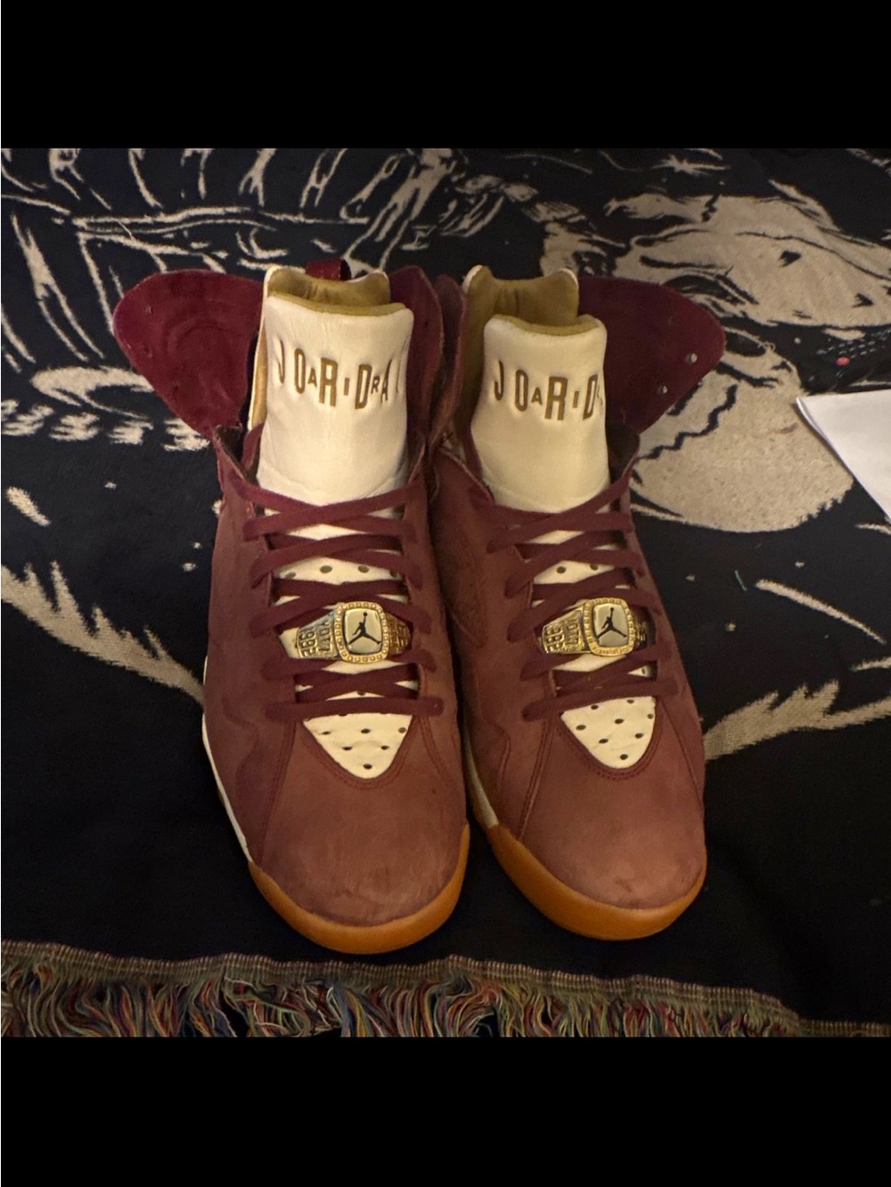 Jordan Men's Burgundy and Cream Retro Sneakers with Gold Accents